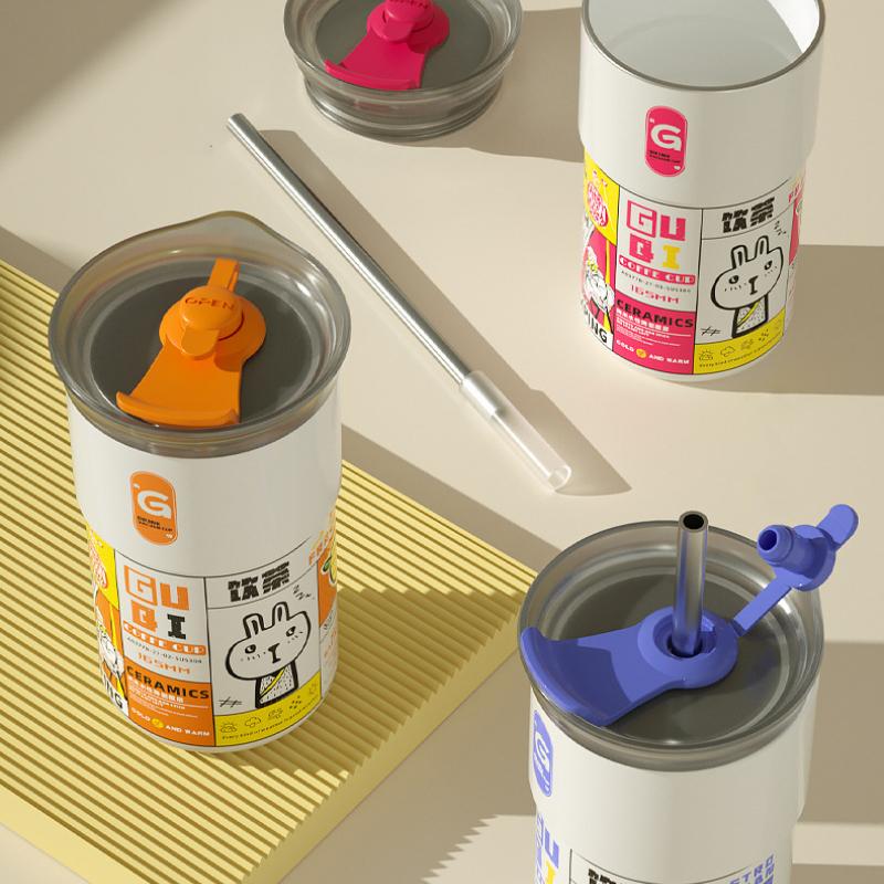 2025 New Fashion Thermal Water Bottle Ceramic Coffee Insulated Cup Portable In Car Dual Drinking Straw Cold Cup Thermal