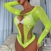 Women Diamond Fishing Net Stocking Babydoll Lingerie Long Sleeve Sleepwear Bodysuit Black Lingerie Ladies Jumpsuit