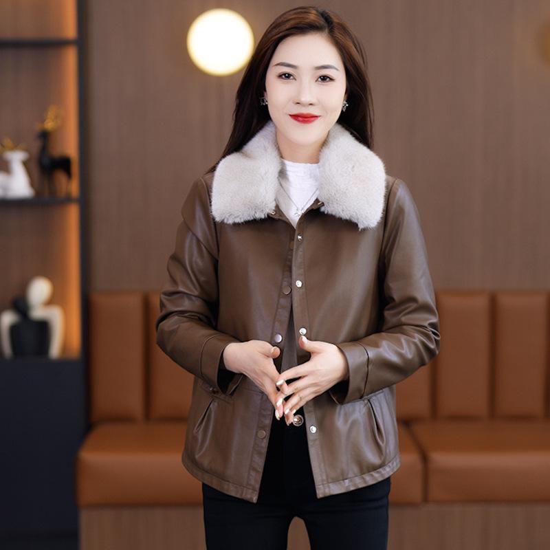 Women's 2024 Winter Loose Fit Fleece-Lined PU Biker Jacket with Fur Collar