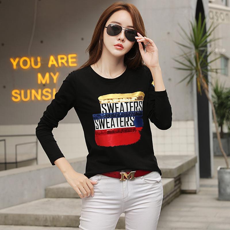 

Black long-sleeved t-shirt women s summer wear new bottoming shirt, loose sequined top trendy M
