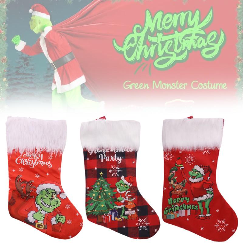 Plush Grinch Christmas Stocking Cozy Gift Bag For Kids Holiday Candy Holder