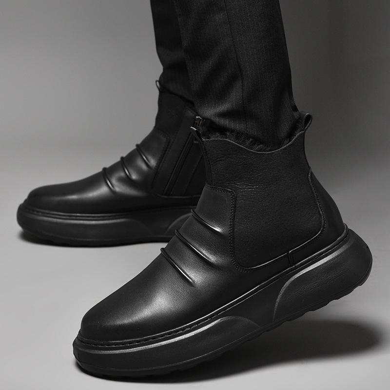 Men's Winter Leather High-Top Snow Boots with Fleece - Genuine Leather, Warm, and Comfortable.