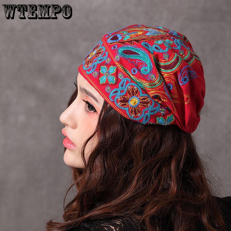 WTEMPO Women Casual Mexican Style Ethnic Vintage Embroidery Flower Black Blue Pink Red Printed Hats