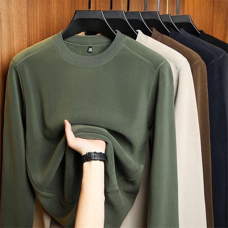 Men's Solid Color Warm Round Neck Thick Long Sleeved Base Shirt