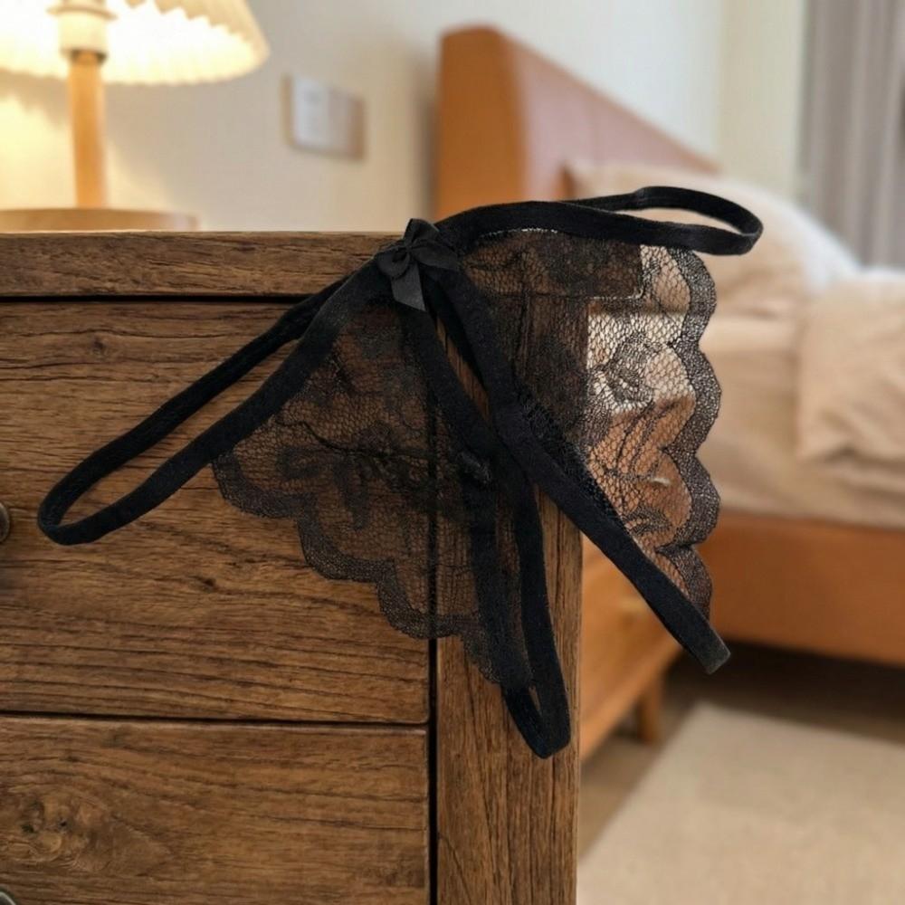 Low Waist Bow Mesh Lace Panties Hollow Lace Underpants Breathable Thin Belt Thong  Women