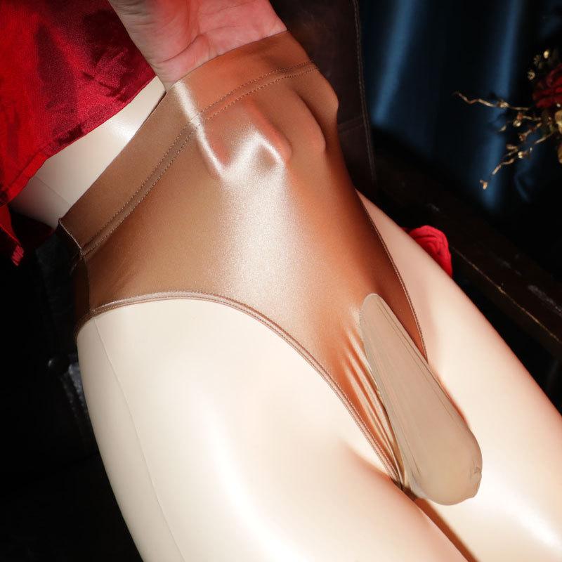 Large Size Sissy Pouch Panties Men Oil Shiny Smooth T-Back Thong High Waist Sheer Underwear Elastic Bullet Separation G-String