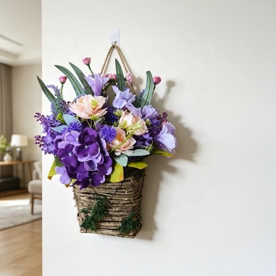 Artificial Flower Basket Farmhouse Floral Arrangement Rustic Faux Wildflowers for Outdoor Front Porch Spring Home Decor