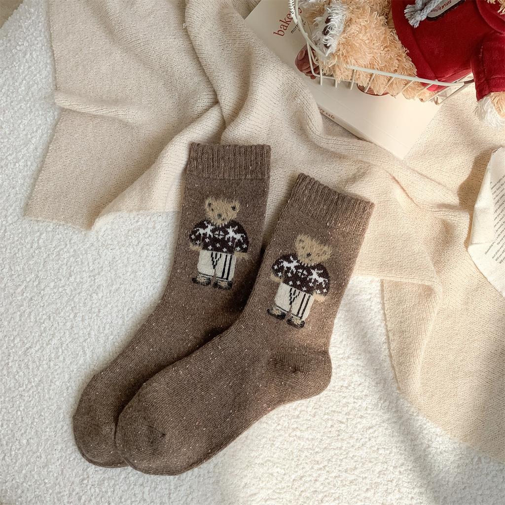 Thick Wool Mid-calf Socks for Autumn and Winter, Retro Dot Yarn, Fluffy Little Bear Long Socks, Warm and Cute Cartoon Trendy Socks