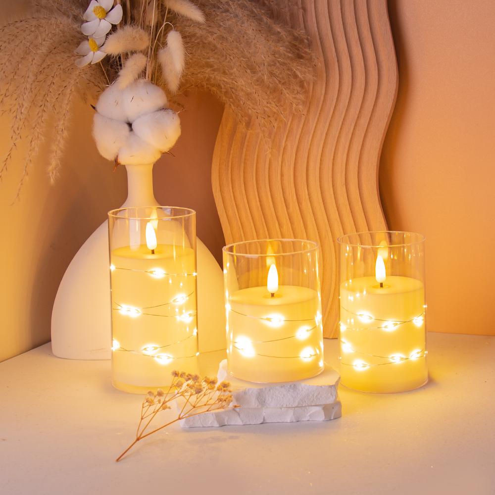Glass-Covered LED Flameless Candles with Fairy Lights