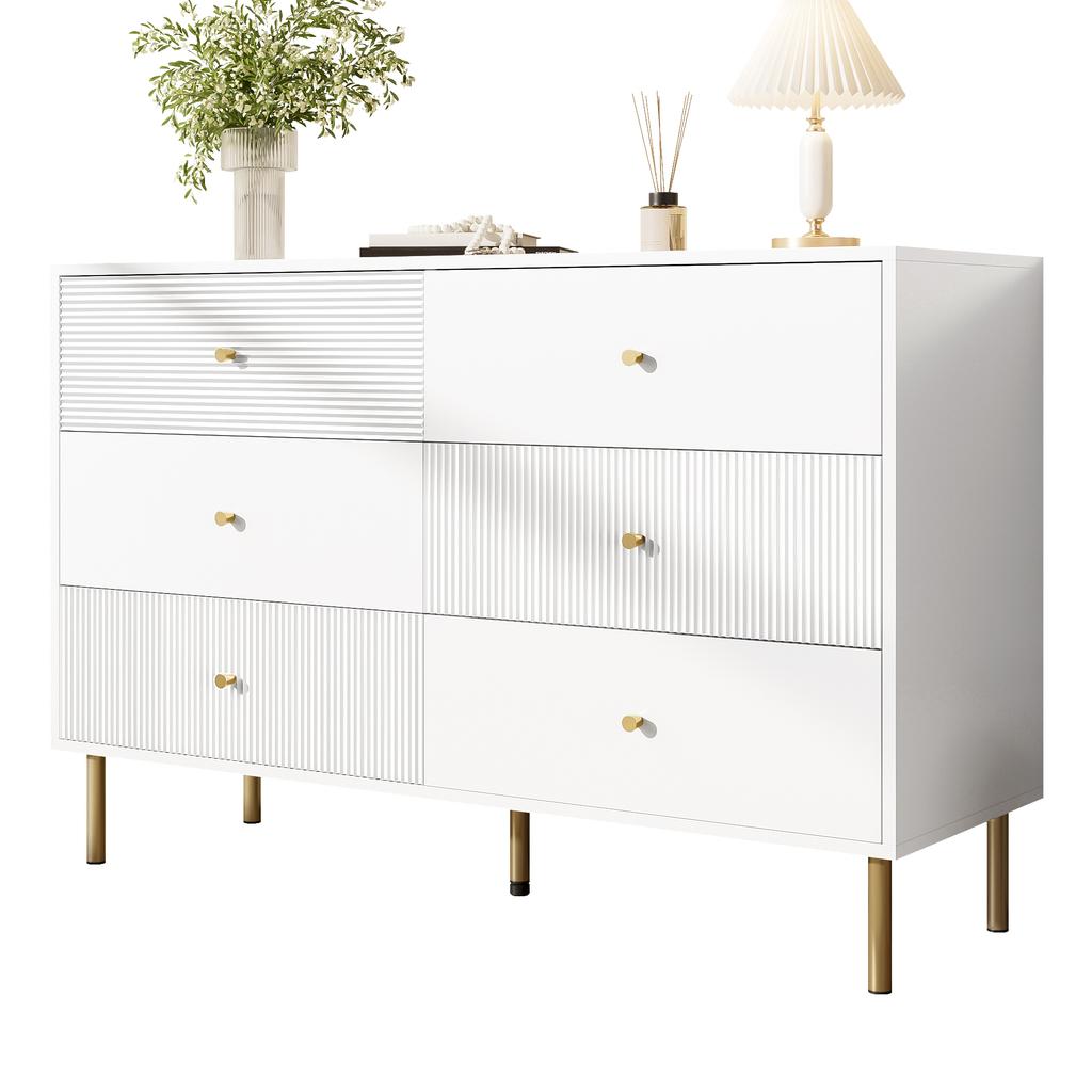 Modern 6-Drawer Chest, White Storage Chest with Zinc Alloy Handles & Steel Legs, 120×40×78cm MDF Cabinet for Bedroom, Living Room, Entryway