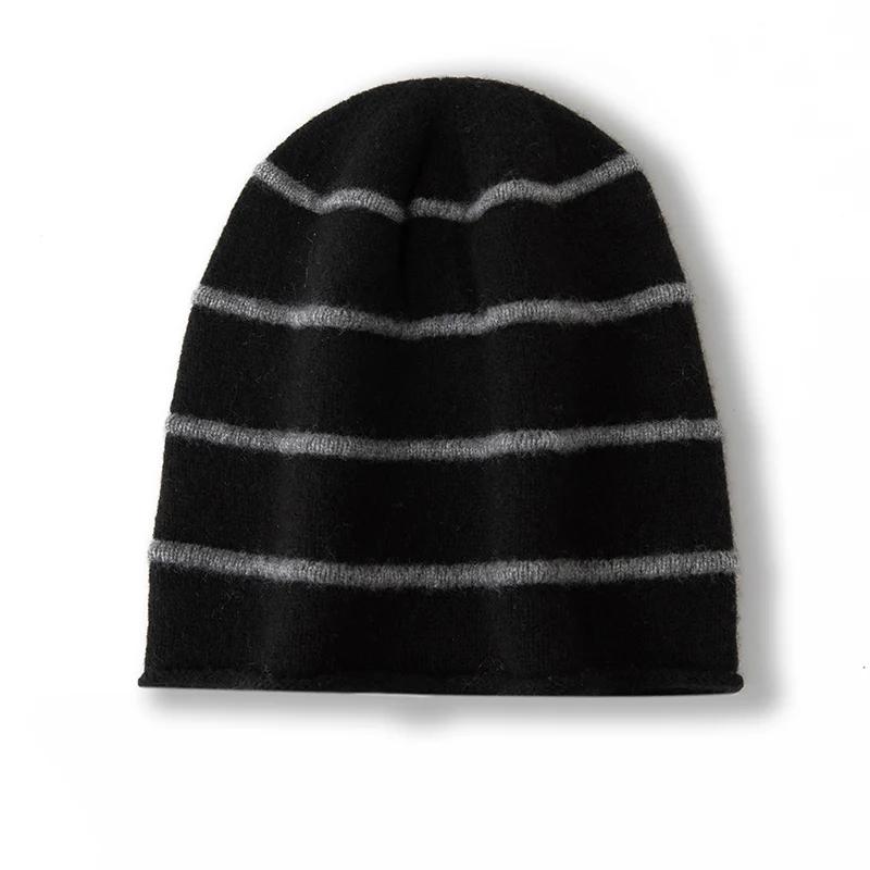 Women 100% Pure Cashmere Beanie Hat Striped Pattern Rolled Cuff Winter Warm Soft Slouchy Skullies Cap Cold Weather Accessory
