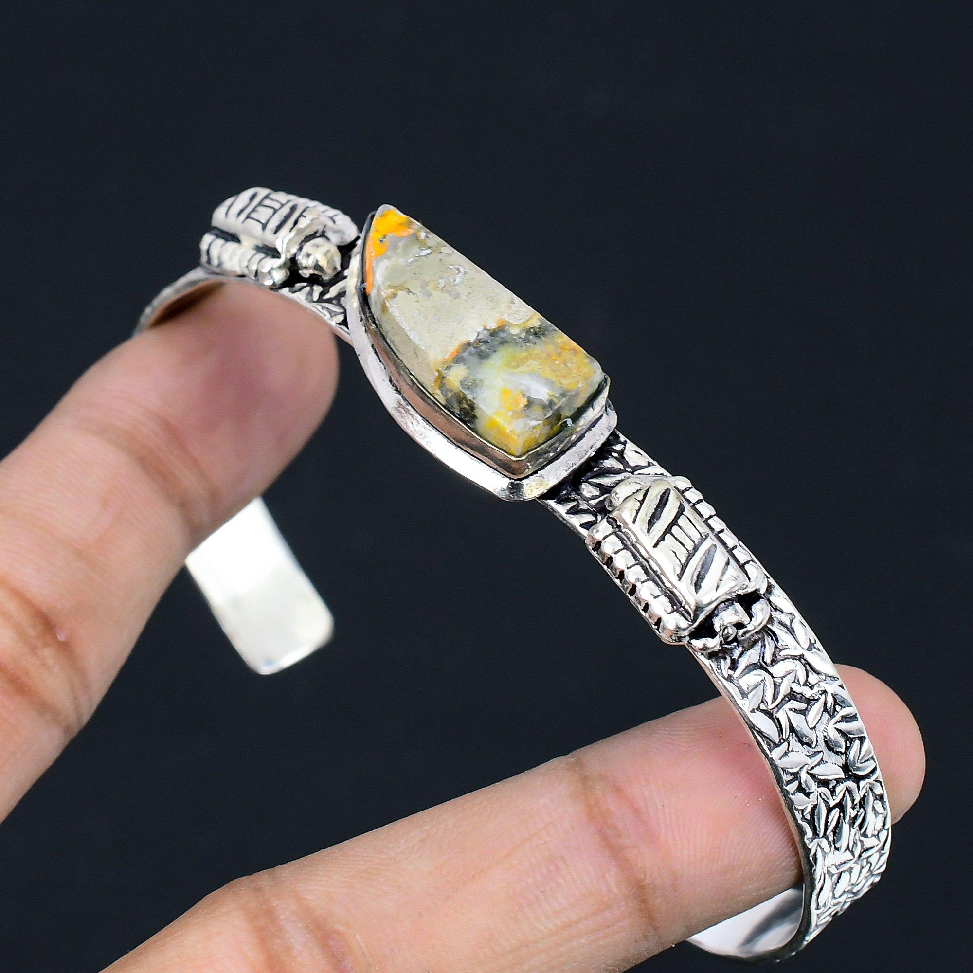 Natural Bumble Bee Jasper Gemstone Bangle Adjustable 925 Silver For Women Adjustable