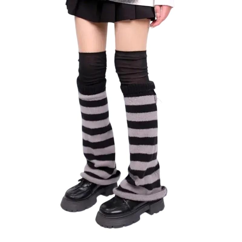 Punk Styles Japanese Harajuku Knitted Striped Flared Leg Warmers and Thigh High Long Socks Set for Women Teen Streetwear