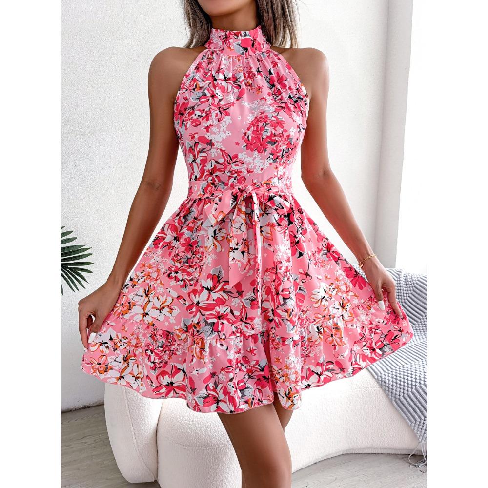 Spring and Summer Style Lace-up with Ruffled Hem Floral Print Dress for Women's Wear