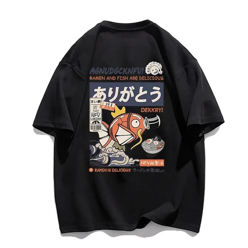 

Summer Short Sleeve Oversized Y2k T-Shirt Japanese Kanji Funny Fish 100% Cotton Man Street T-shirt Harajuku Men T Shirt Men s Clothing XXXL різнокольоровий