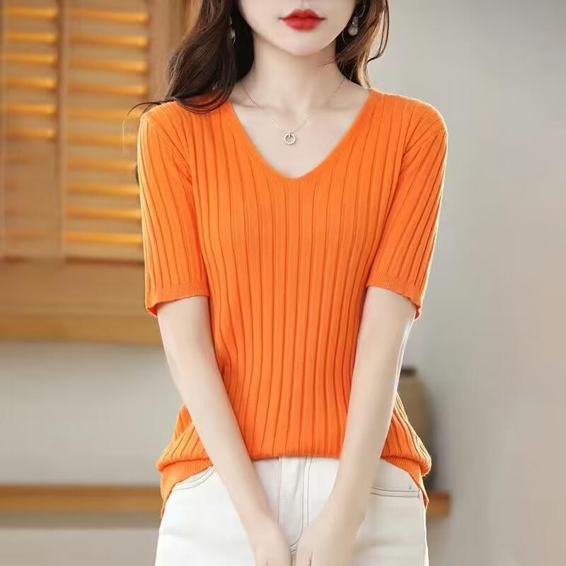 Frühling Sommer Damen V-Ausschnitt Kurzarm Exquisiter Kaschmir Strickpullover Pullover Einfarbig