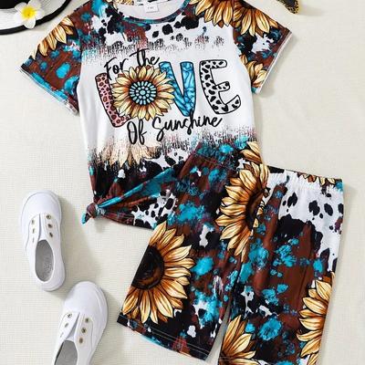 Summer Girl T-shirt Shorts 2 Piece Set Kids Beautiful Crazy Print Casual O Neck T-Shirt Elastic Waist Sports Children's Clothing