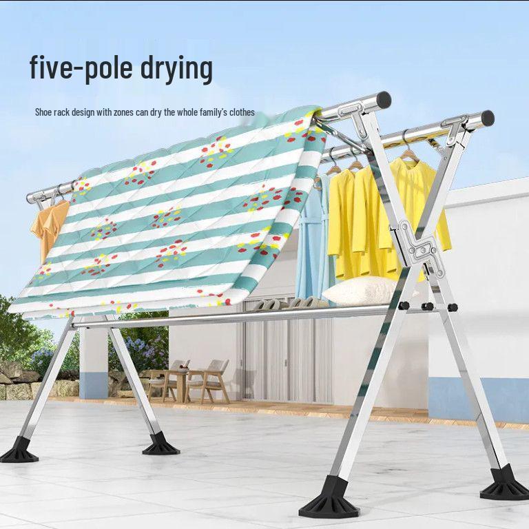 Bold Stainless Steel Folding Clothes Drying Rack - Floor-Standing, Telescopic, Indoor/Outdoor Use, Vertical Hanging Rod.