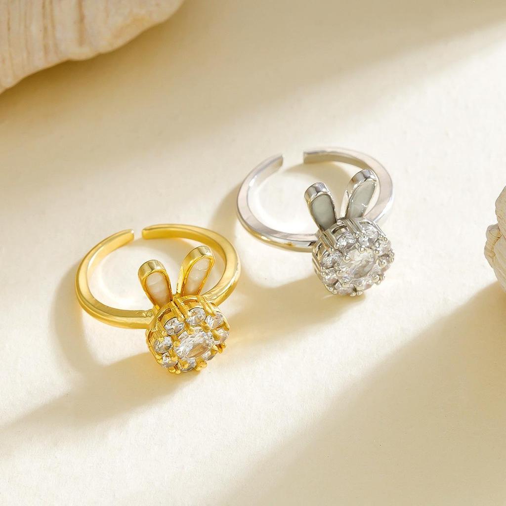 Adjustable Rabbit Ring with Zirconia for Women - Japanese/Korean Style, Copper, Rotatable, High-End Luxury Feel