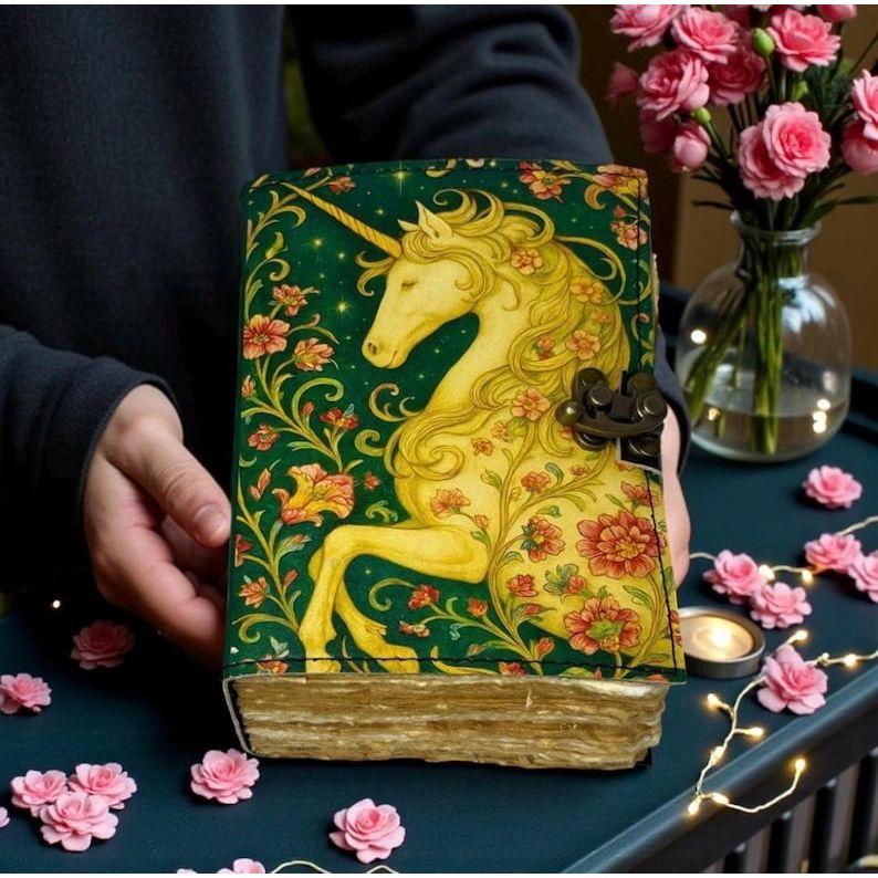 200-pages Unicorn Dreamscape Journal, Green & Gold Floral Leather Diary, Artisan Paper, Gift for Unicorn Lovers