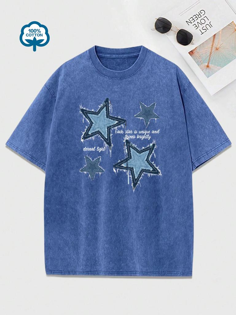 Retro Blue Jean Star Print  Snow Wash T Shirt Woman Y2K Washed Tees O-Neck Casual Short Sleeve All-Match Cotton Womens Clothes
