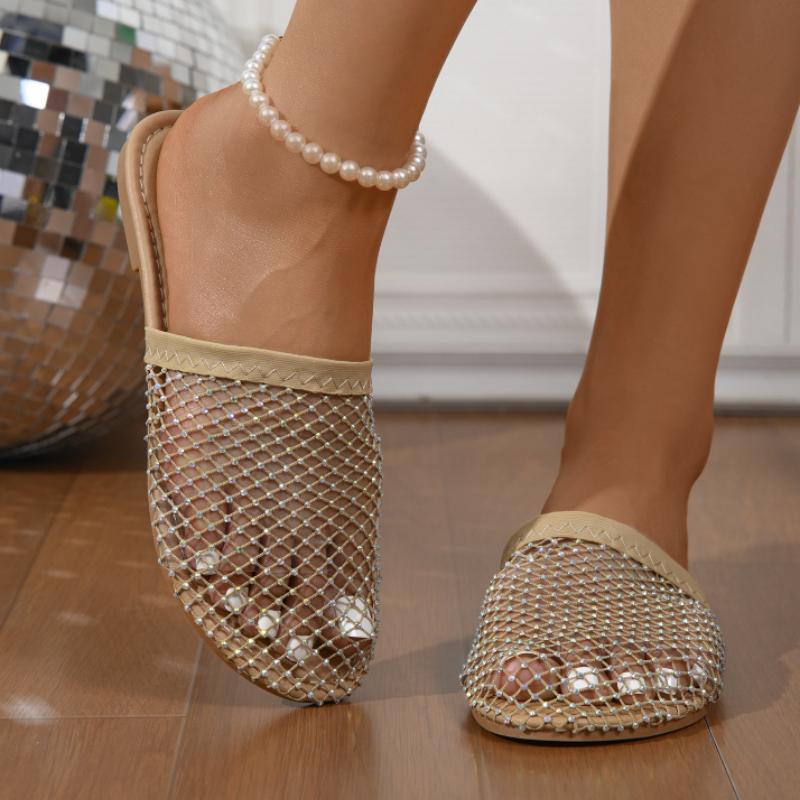 Women Slippers Summer New Round Head Slippers Water Diamond Flat Home Beach Sandals