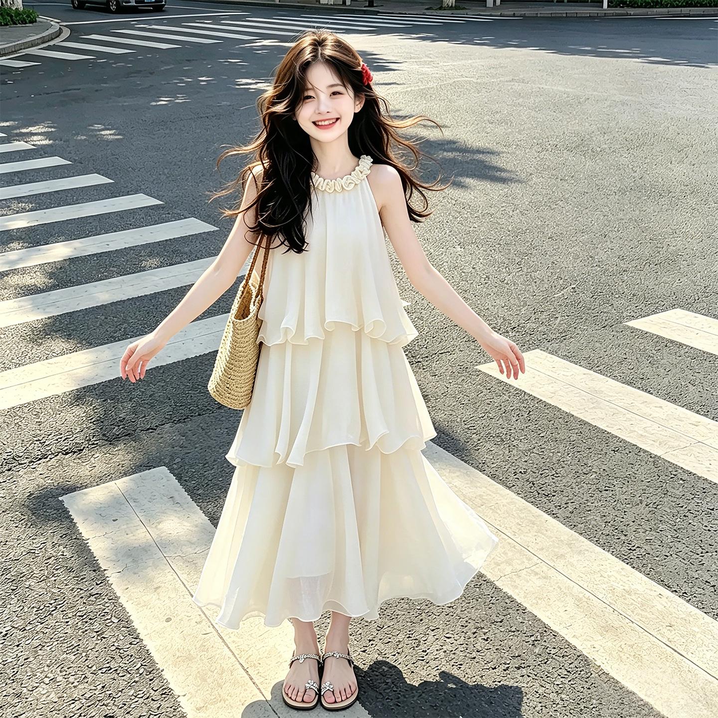 Girls Sleeveless Chiffon Beach Dress - Halter Neck, Layered, for Summer 2026 150 cm