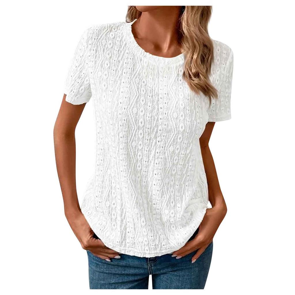 Women's Fashion Casual Color Round Neck Hollow Short Sleeve T-Shirt