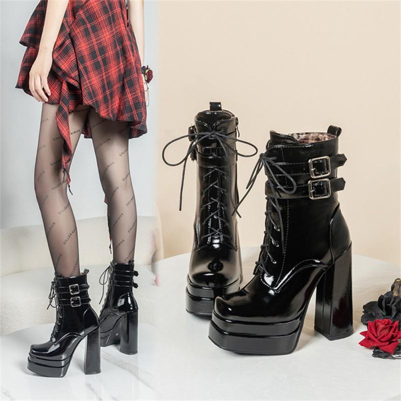 Womens Mid-Calf Fashion Boots High Heel Thick Sole Lace-Up Side Zipper Plus Size 34-45