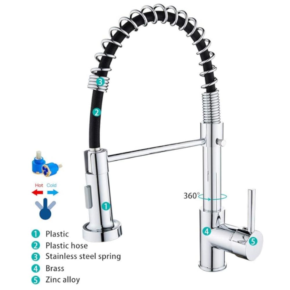 Kitchen Tap with Pull-Out Shower Spring Kitchen Tap Single Lever Mixer Tap for Sink with Hand Shower Support Cold and Hot Water (Normal, Silver)