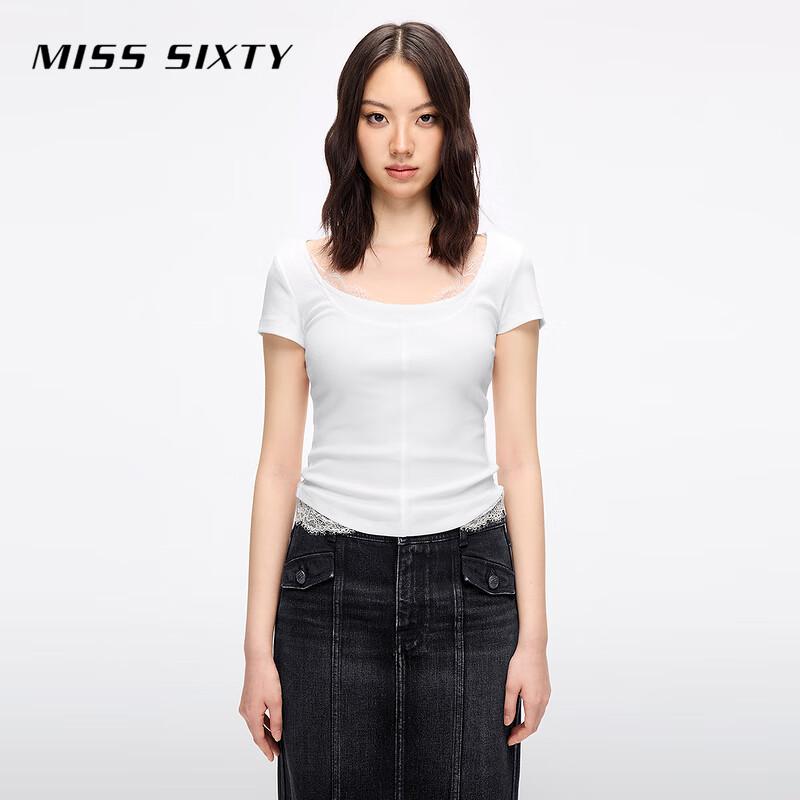 MISS SIXTY 2025 Summer U-Neck Lace Panel Short-Sleeve T-Shirt M