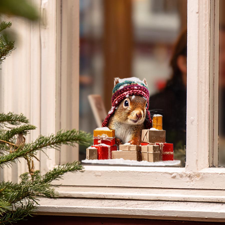 Vollständig transparente UV-Weihnachten Kleines Eichhörnchen Vollständig transparent Doppelseitig sichtbar Glas Heimdekorationsaufkleber