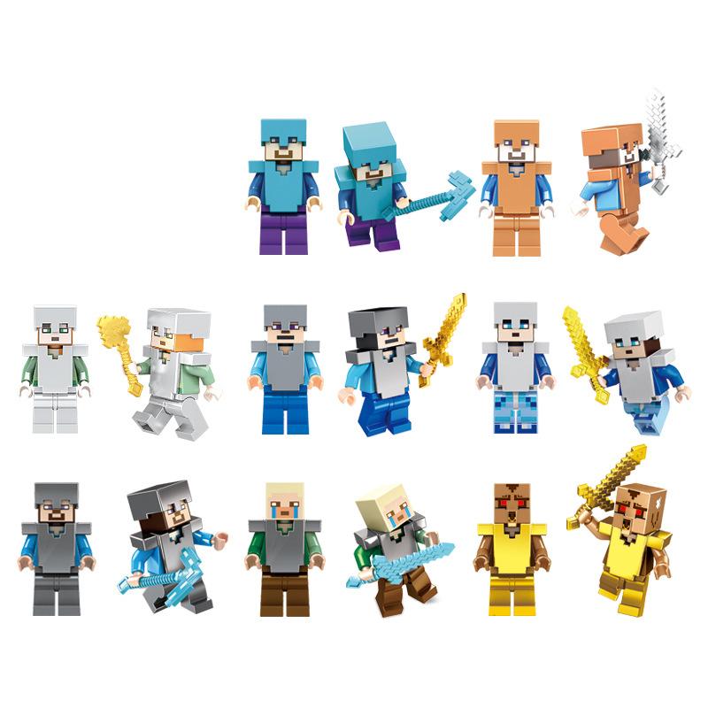 Minecraft Style Building Block Minifigures Set with Weapons Armor Steve Gift for Boys Kids