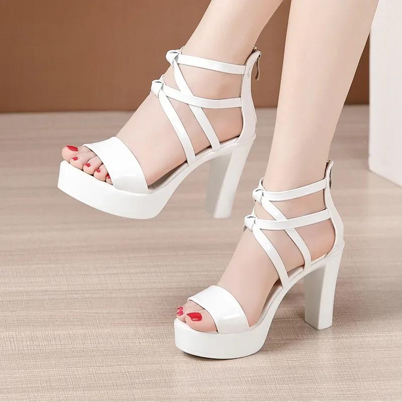 10cm Small Size 32-43 Summer Elegant Bright Leather Gladiator Sandals Platform Shoes 2025 Womens Block High Heels Sandals Dress