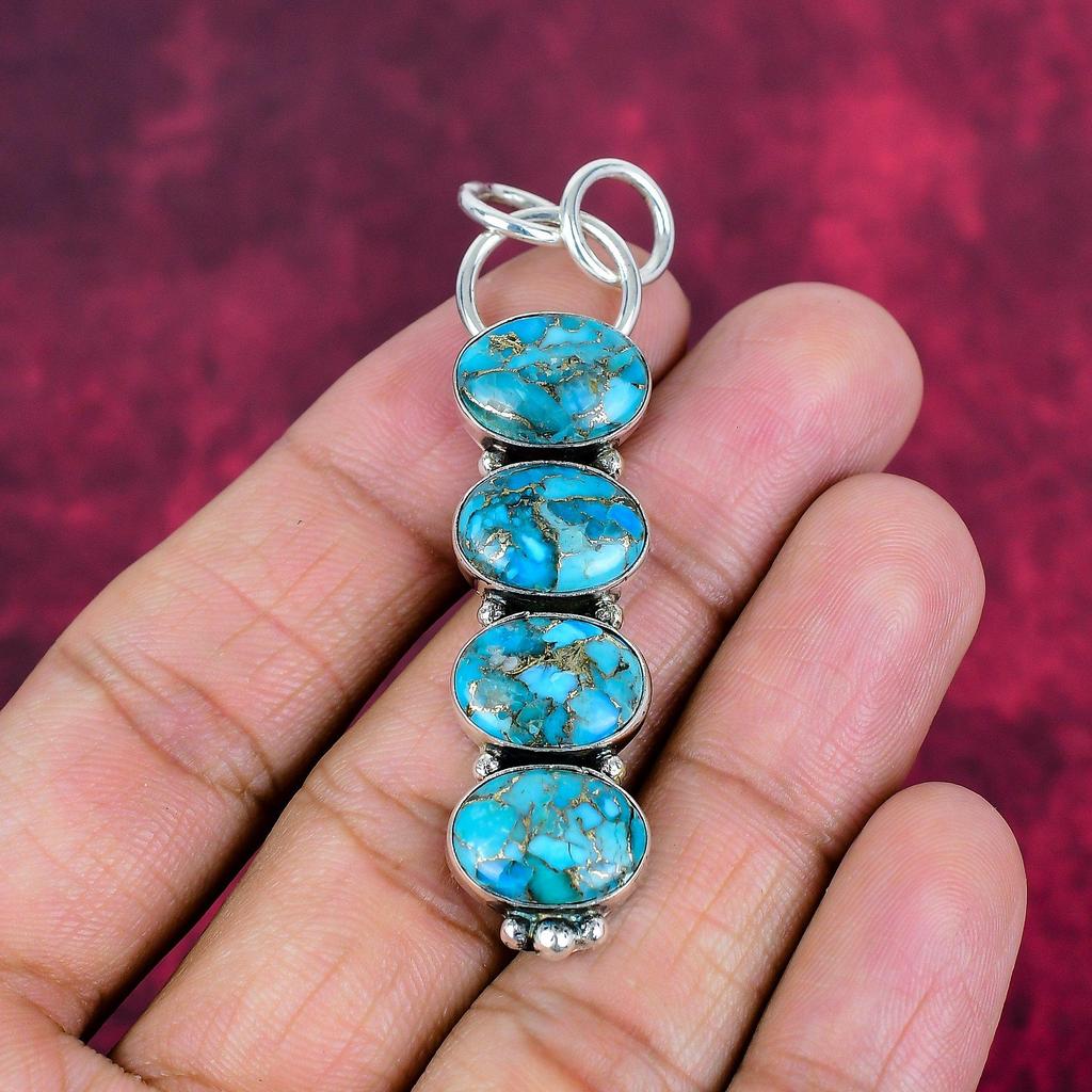 Modrý měděný tyrkysový ručně vyrobený přívěsek drahokam, 925 masivní přívěsek ze sterlingového stříbra starožitné šperky, jako dárek k zásnubám