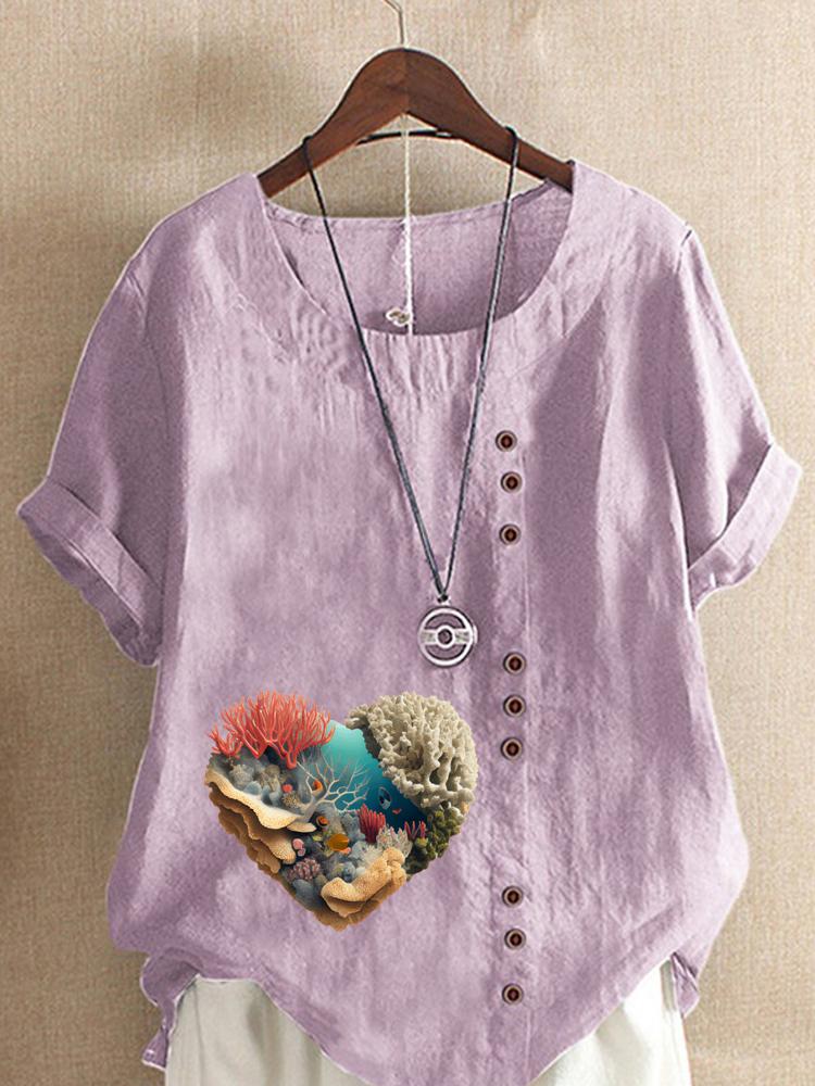 Women's Fashion Coral Heart-shaped Print Shot Sleeve T-shirt Loose Cotton Shirt Casual Loose Summer Blouse Tops Plus Size