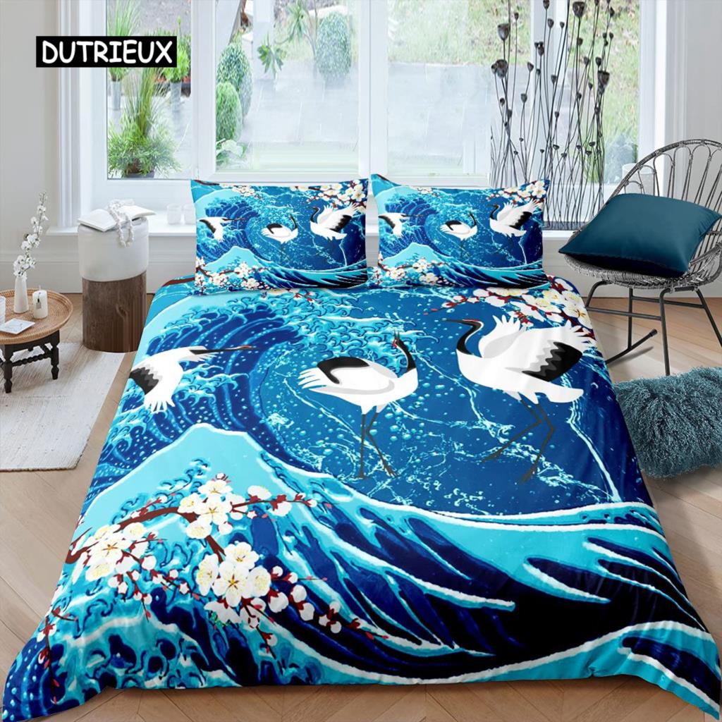 Kranich-Bettbezug-Set Queen Size Bettwäsche-Set im japanischen Stil Kirschblüten-Muster Damen Mädchen Japanischer traditioneller Bettbezug