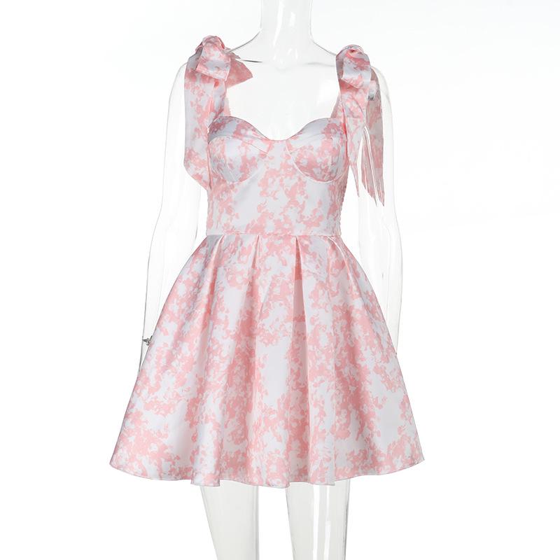 Summer 2025 Sexy A-Line Lace-up Print Dress - Vacation Style, Slimming Fit for Women