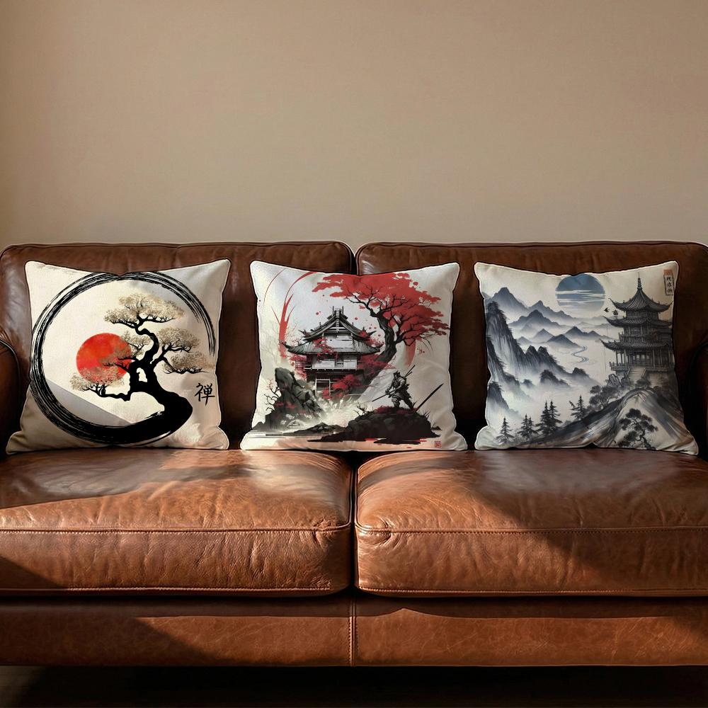 Chinese Ink Painting Style Cushion Cover Soft Reversible  Durable Pillow Cover  MultiScene Use for Home  Car Daily Comfort