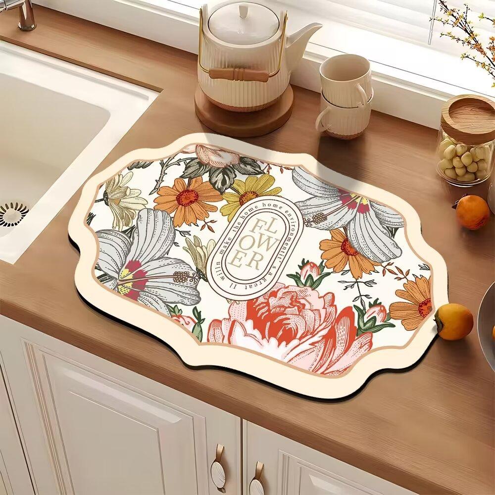 American Vintage Flower Diatoms Mud Drain Mat Kitchen Absorbent Quick Drying Table Mat Household Bowl Plate Drying Mat