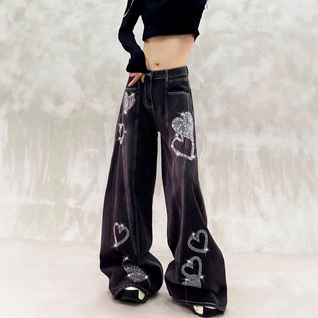 Shiny hot diamond decorative casual jeans women's autumn new high waist loose and thin versatile straight wide leg floor pants