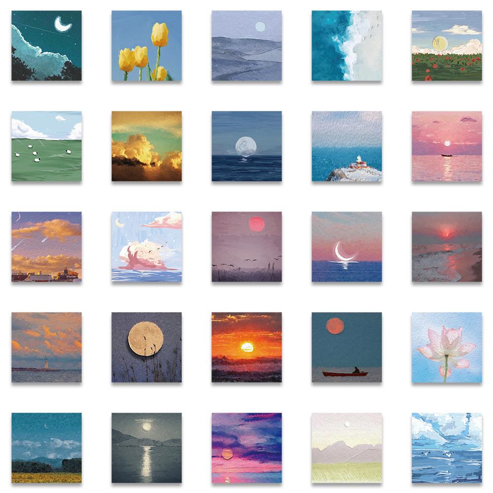 50Pcs Oil Painting Landscape Graffiti Stickers for Personalizing Luggage, Guitar, Smartphone, Laptop, and Window Decoration