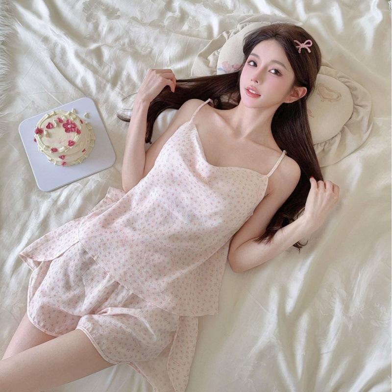 Lyocell pajamas with chest pads women's summer sweet small fresh floral bow suspenders shorts two-piece loungewear