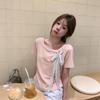 Korean Sweet and Spicy Pink Bow Streamer Short-sleeved T-shirt Women's Summer French Unique Design Sense Beautiful Small Top