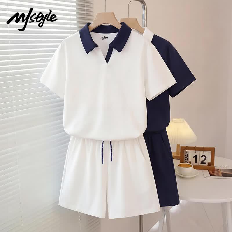 MJ STYLE Women s Summer Polo Collar Short Sleeve Shorts Set M