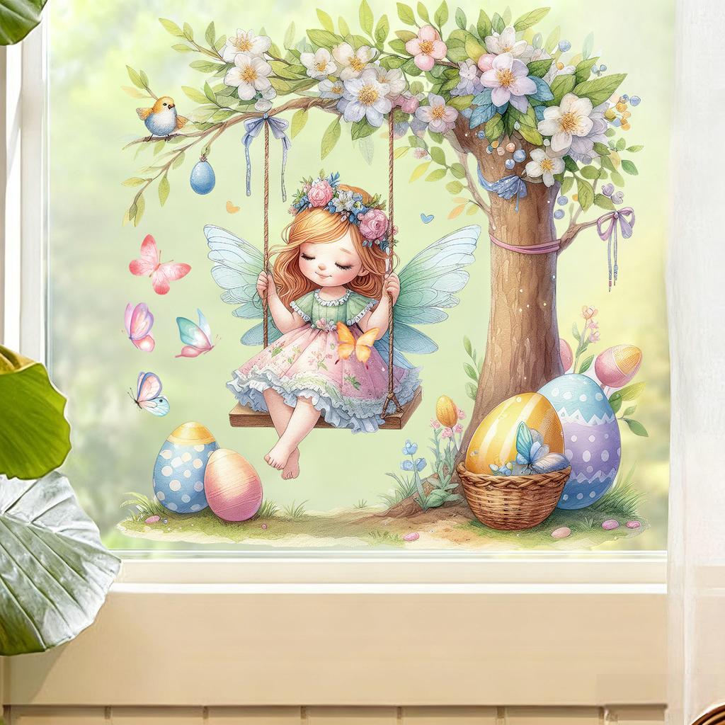 Autocollants Muraux Fée de Printemps Pâques Décalcomanies de Fenêtre pour Chambre de Fille Chambre Salon Décor de Fond Maternelle 2026