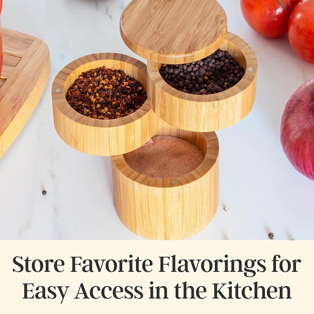 Bamboo Salt Cellar with Swivel Lid,Spice Box Storage Container for Kitchen with Magnetic Closure for Sea Salt, Spices and Herbs