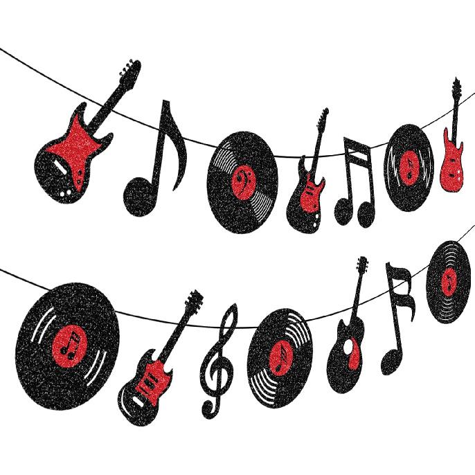 Music Themed Party Decorations Banner Guitar Birthday Decorations Music Notes Garland Hanging for 80s 90s Party Decor