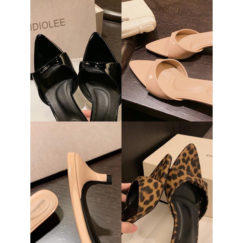 Sheepskin elegant pointed head with open toe height increase leopard print fine heels cool slippers women's summer wear