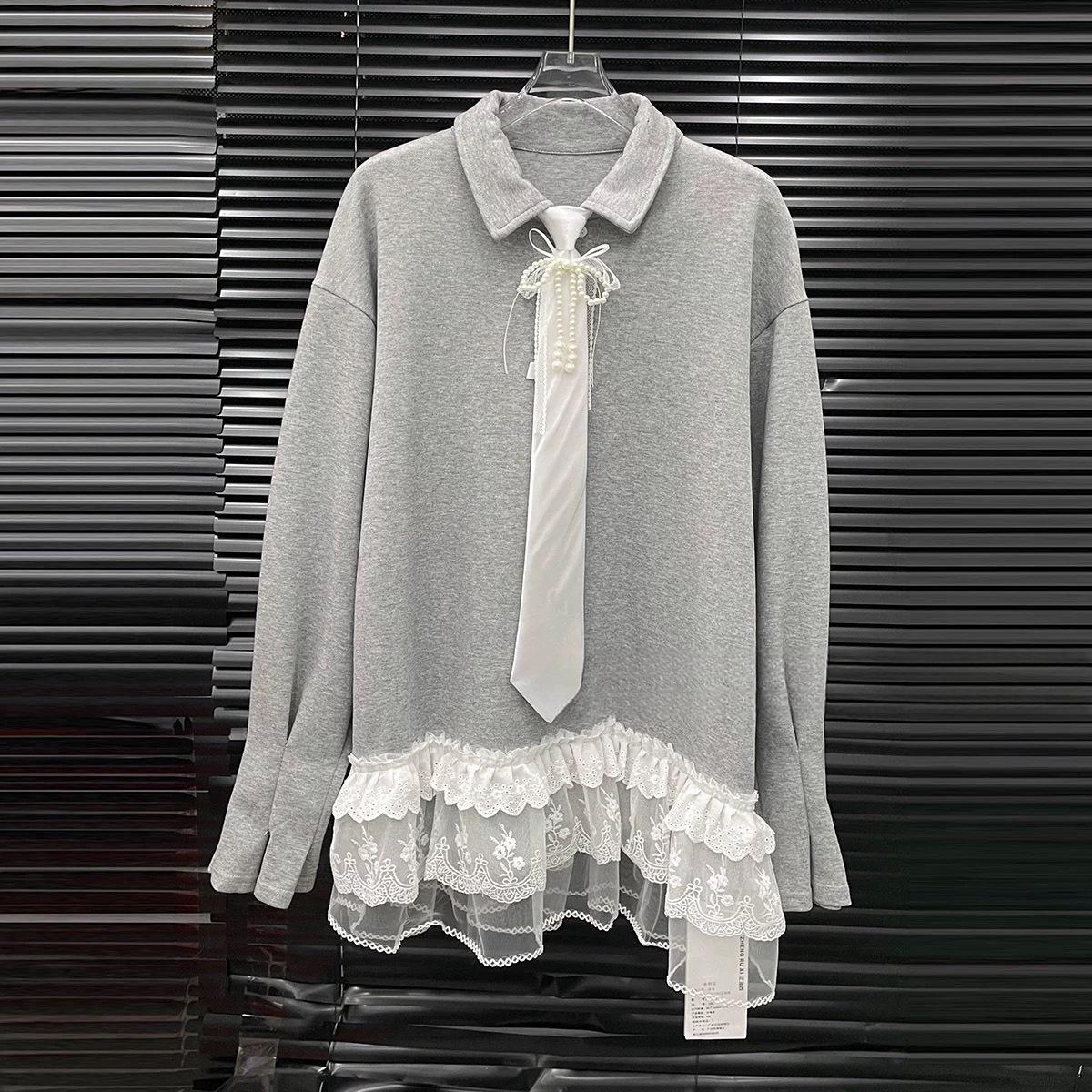 Spring 2026 Lace Patchwork Girly Loose Long-Sleeve Tie Dress Large серый